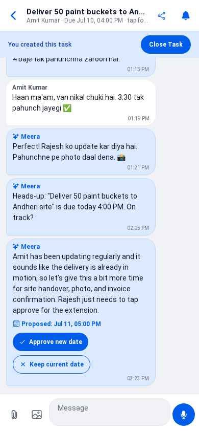 Task-It chat where the AI assistant follows up on a delivery task