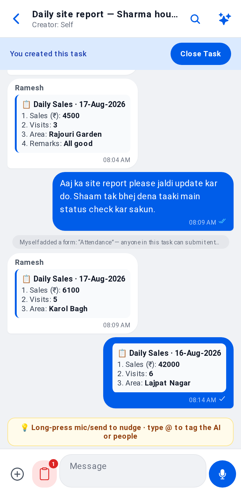 Task chat with messages and form entries